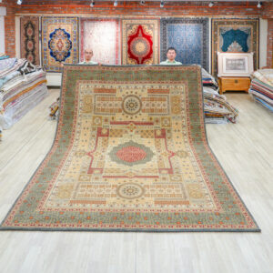 Ivory and Green Handmade Wool Area Rug for Living Room 9.02x12.11ft