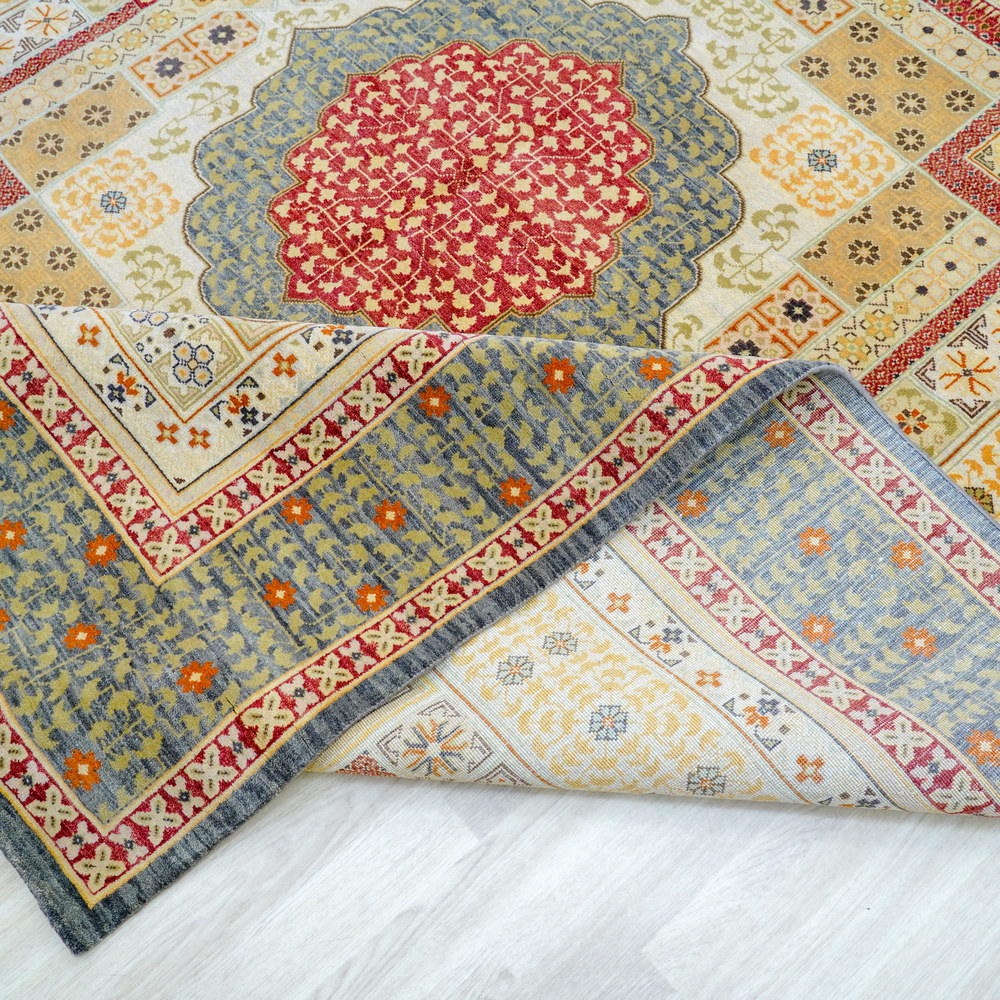 Ivory and Green Handmade Wool Area Rug for Living Room 9.02x12.11ft - Image 6