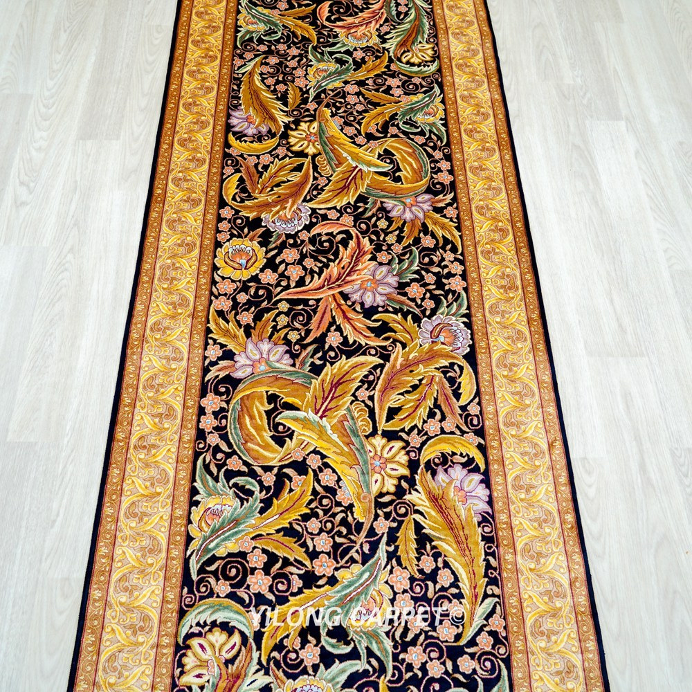 Black Gold Leaf Floral Hand-Knotted Silk Runner Rug 2.5 × 8 ft - Image 4