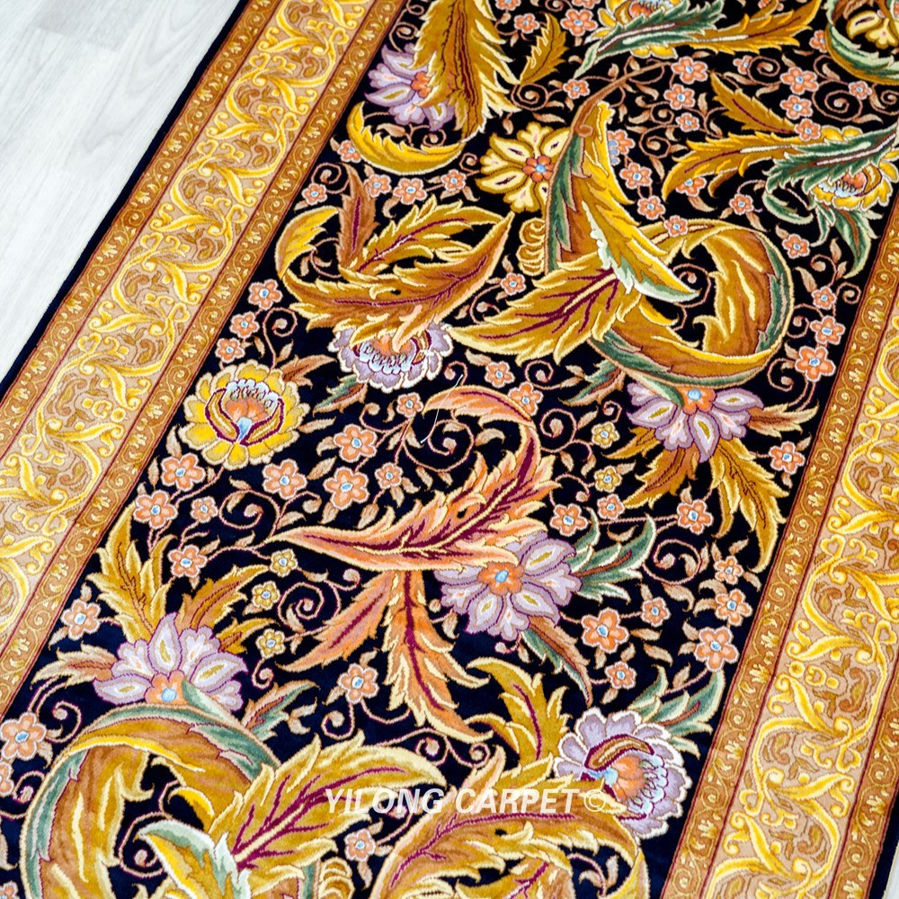 Black Gold Leaf Floral Hand-Knotted Silk Runner Rug 2.5 × 8 ft - Image 5