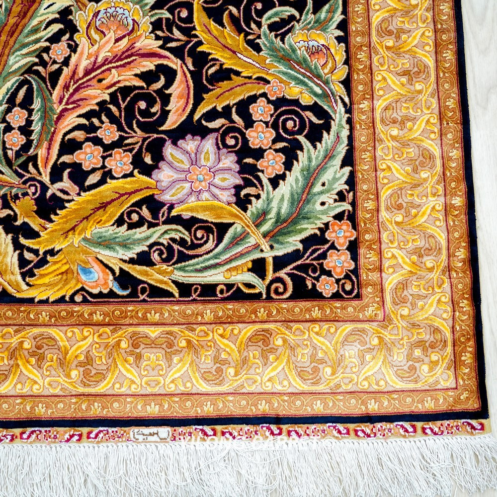 Black Gold Leaf Floral Hand-Knotted Silk Runner Rug 2.5 × 8 ft - Image 6