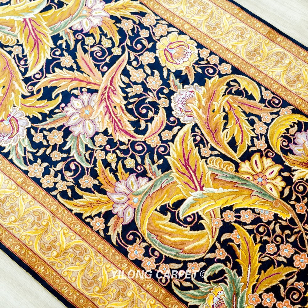 Black Gold Leaf Floral Hand-Knotted Silk Runner Rug 2.5 × 8 ft - Image 7