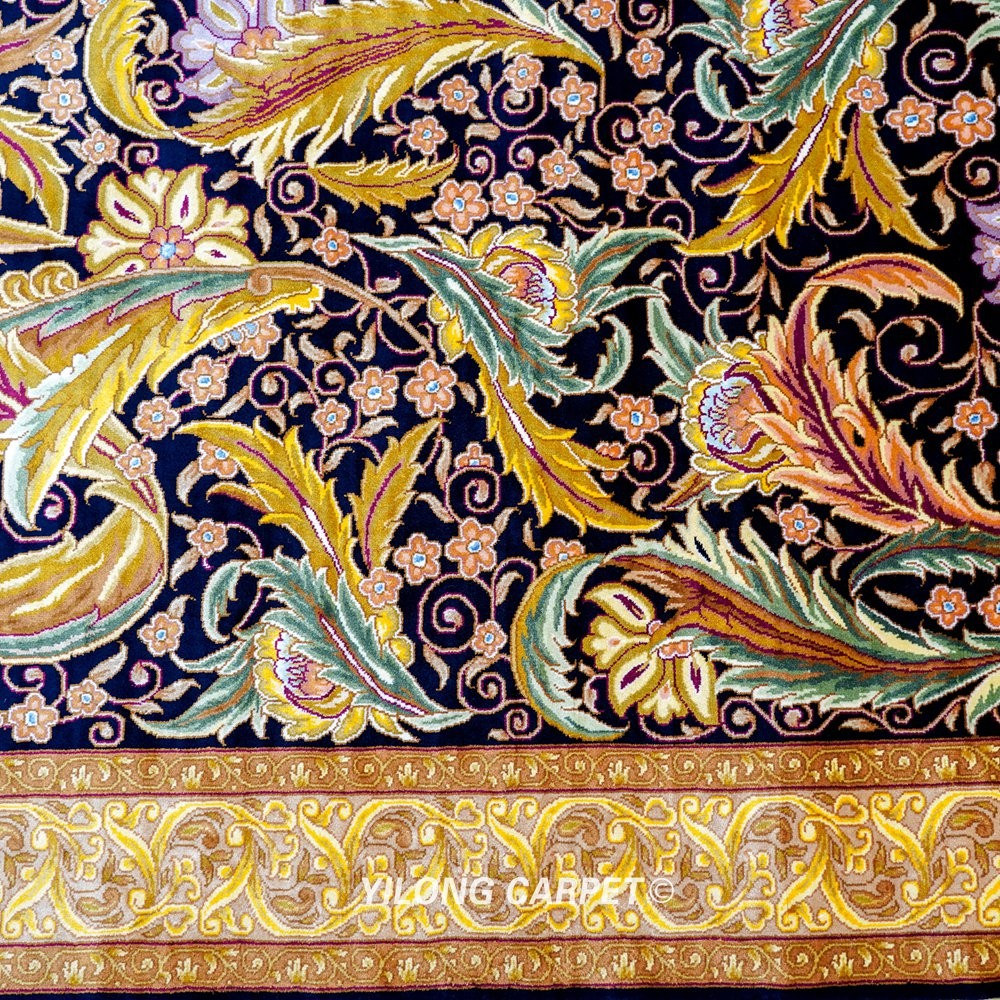Black Gold Leaf Floral Hand-Knotted Silk Runner Rug 2.5 × 8 ft - Image 8