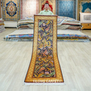 Black Gold Leaf Floral Hand-Knotted Silk Runner Rug 2.5 × 8 ft