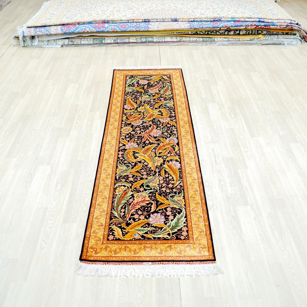 Black Gold Leaf Floral Hand-Knotted Silk Runner Rug 2.5 × 8 ft - Image 3