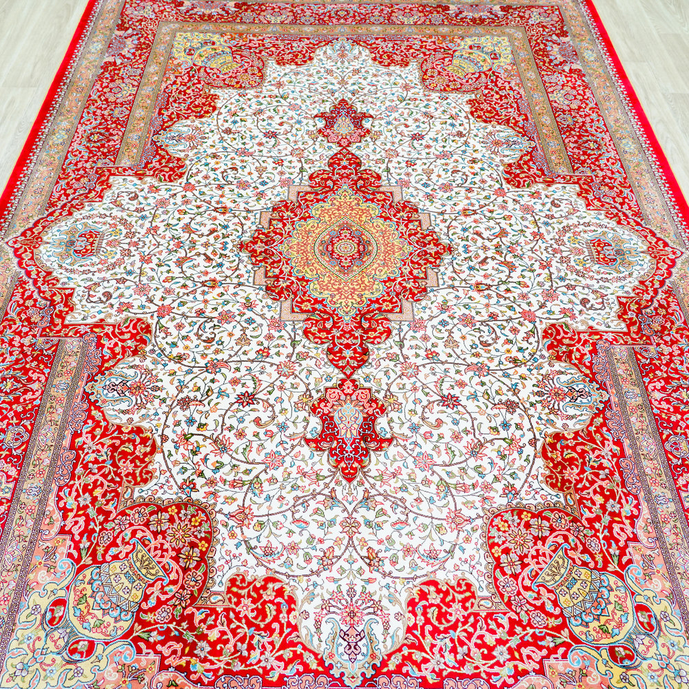 Red and Ivory Geometric Medallion Hand-Knotted Silk Rug 6x9ft - Image 4