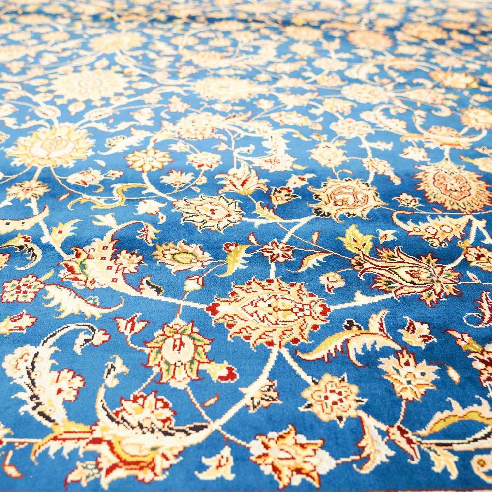 Royal Blue and Gold Floral Medallion Hand-Knotted Silk Rug 6x9ft - Image 6