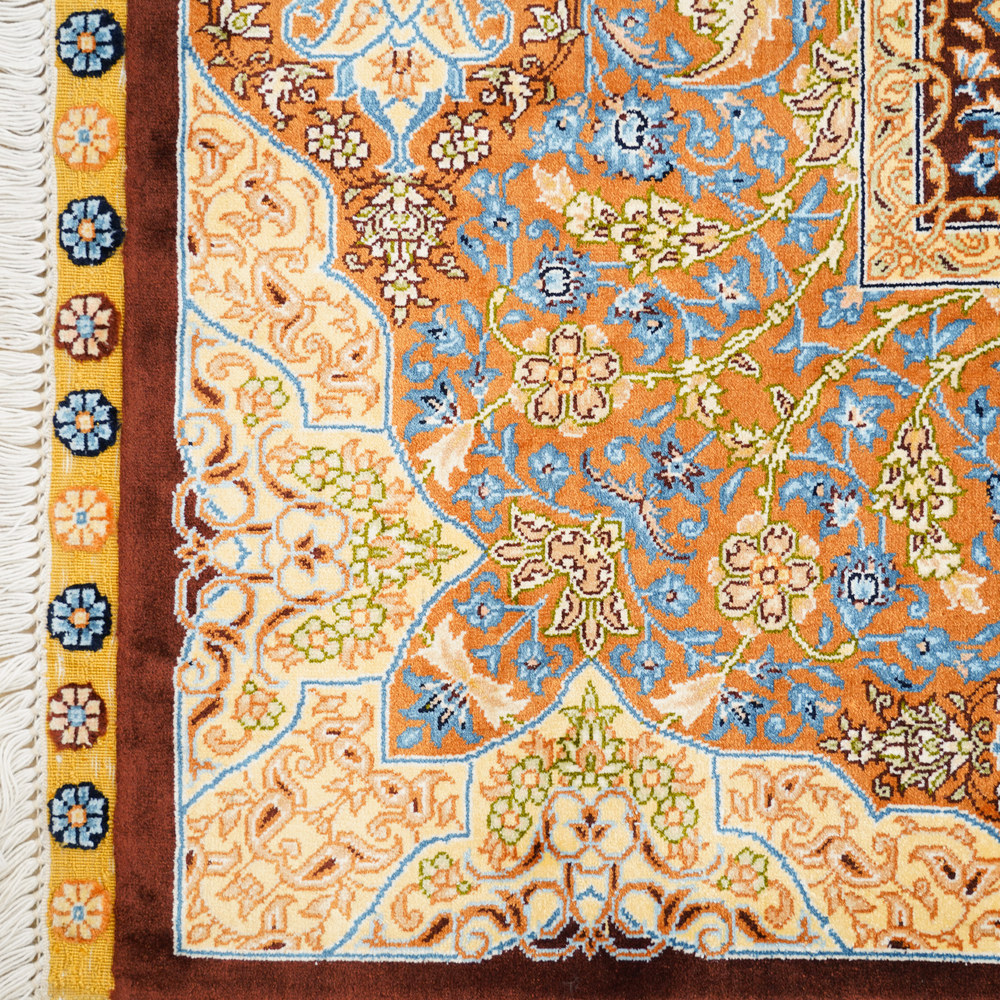 Gold and Blue Floral Medallion Hand-Knotted Silk Rug 6.56x9.84ft - Image 7