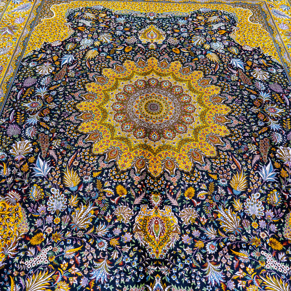 Navy and Gold Floral Medallion Hand-Knotted Silk Rug 8x10ft - Image 4