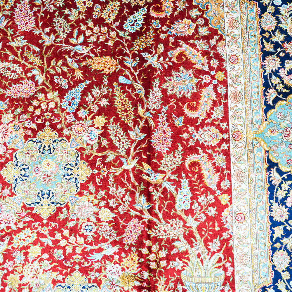 Red and Ivory Floral Medallion Hand-Knotted Silk Rug 8.2x11.48ft - Image 7