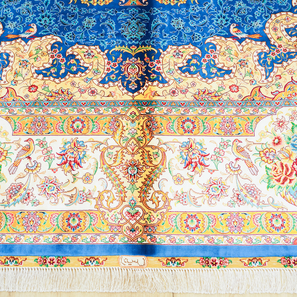 Blue and Orange Floral Medallion Hand-Knotted Silk Rug 8.2x11.48ft - Image 8