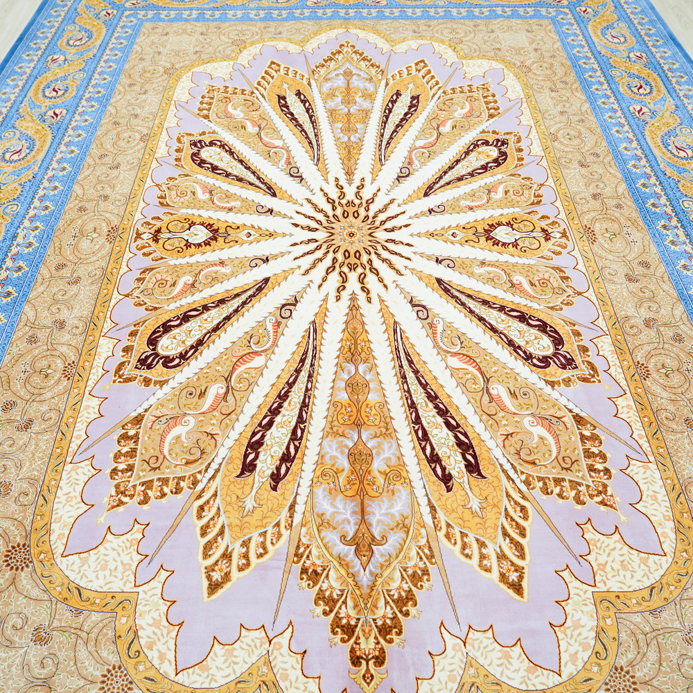 Blue and Gold Geometric Medallion Hand-Knotted Silk Rug 8.2x11.48ft - Image 4