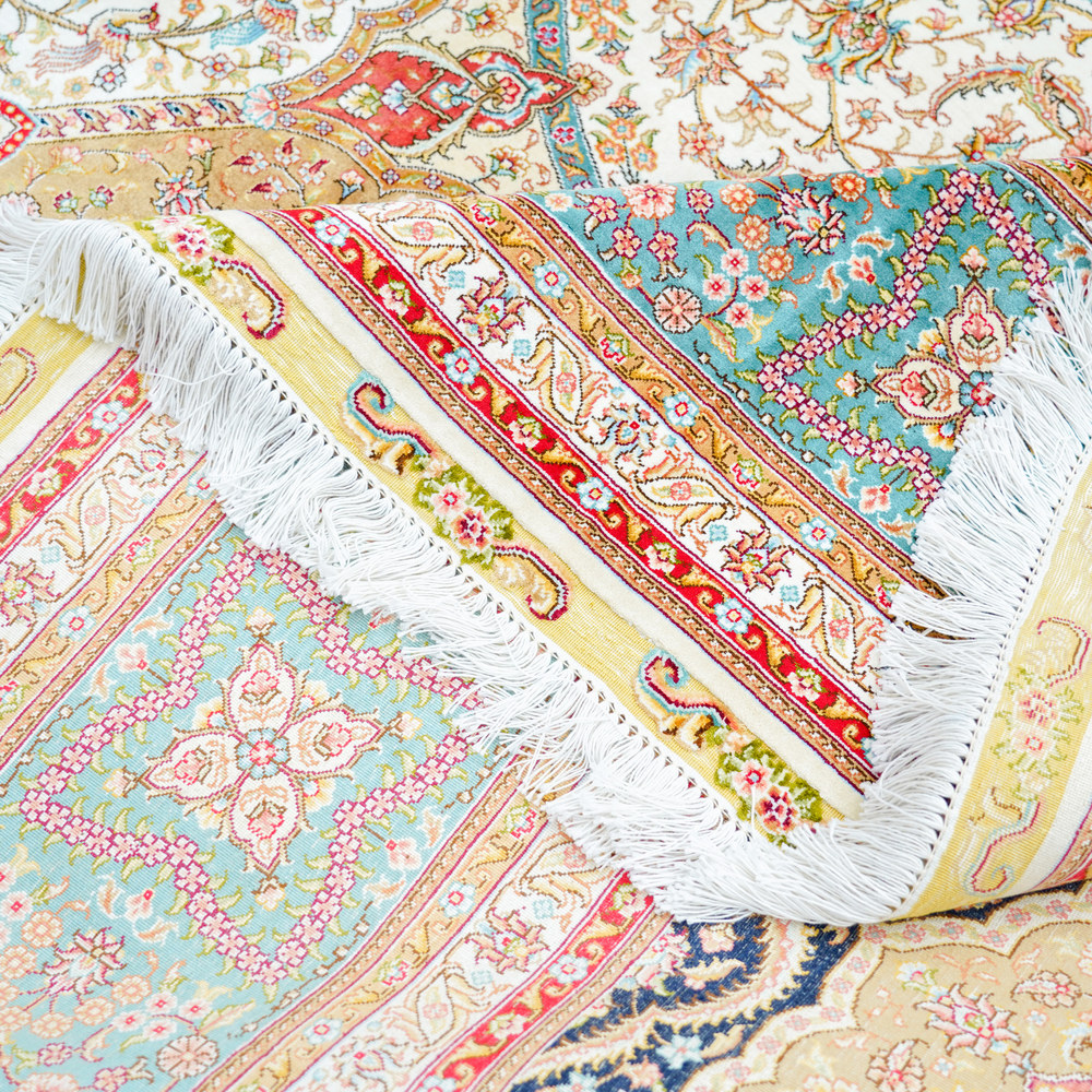 Ivory and Pink Floral Medallion Hand-Knotted Silk Rug 9x12ft - Image 8