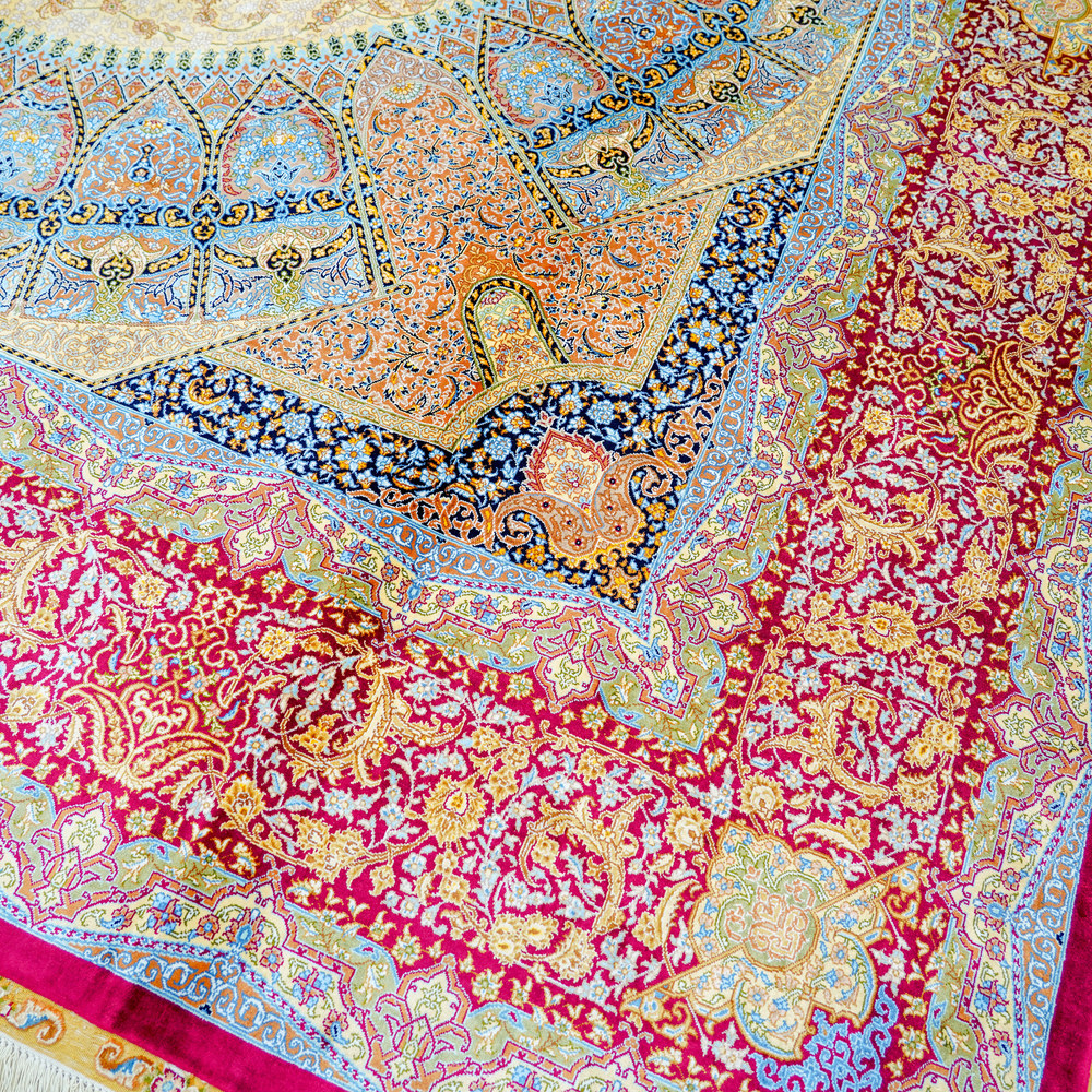 Red and Blue and Multicolor Floral Hand-Knotted Silk Rug 9x12ft - Image 5