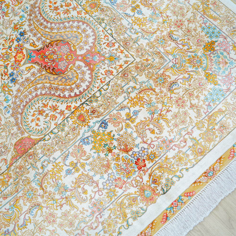 Ivory and Gold Floral Medallion Hand-Knotted Silk Rug 10x14ft - Image 4