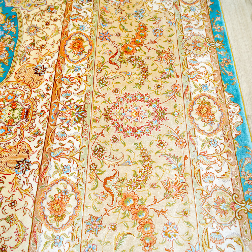 Turquoise and Orange Floral Medallion Hand-Knotted Silk Rug 10x14ft - Image 6