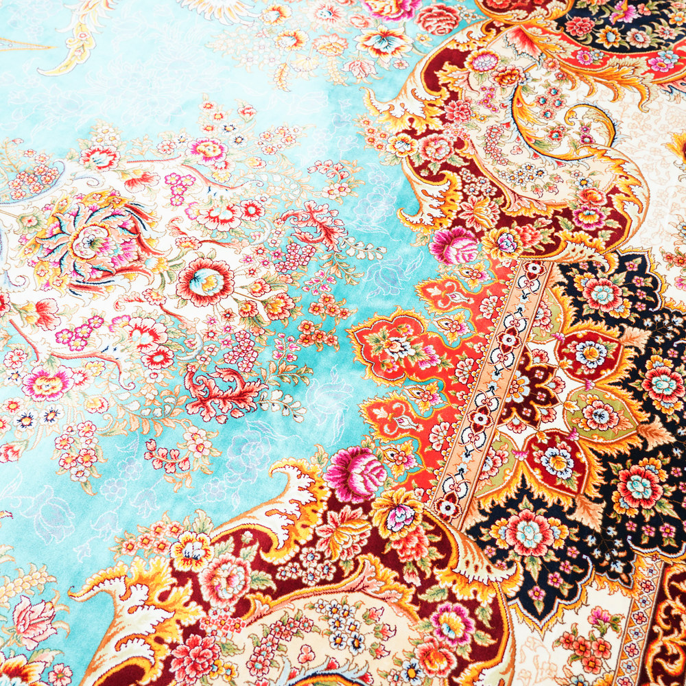 Turquoise and Red Floral Medallion Hand-Knotted Silk Rug 10x14ft - Image 4