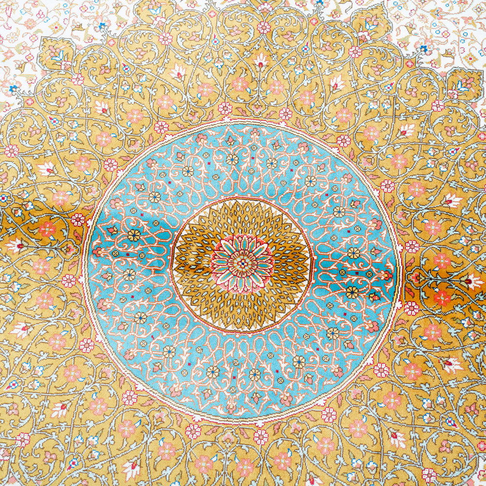 Turquoise and Gold Round Medallion Hand-Knotted Silk Rug 10x10ft - Image 4