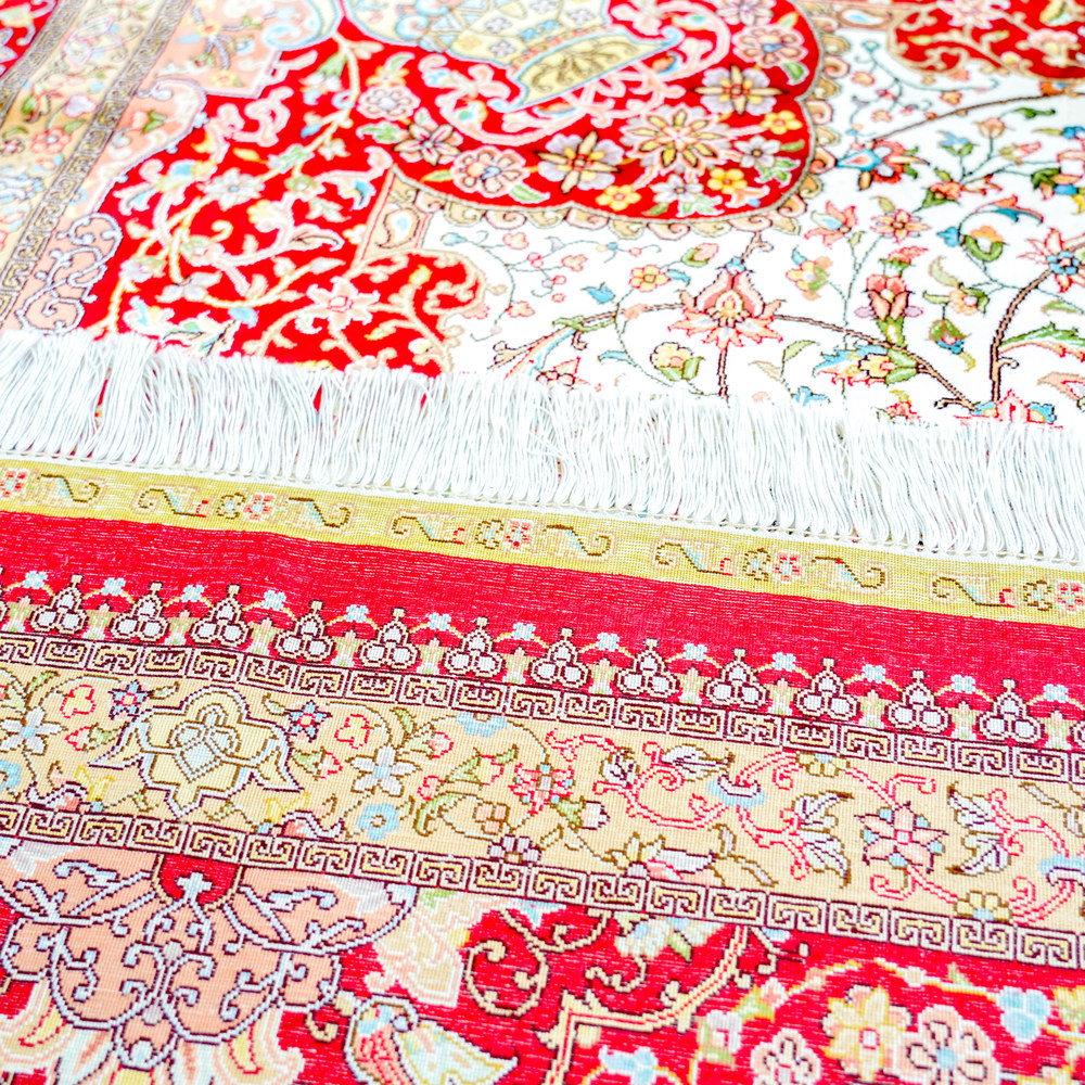 Red and Ivory Geometric Medallion Hand-Knotted Silk Rug 6x9ft - Image 9