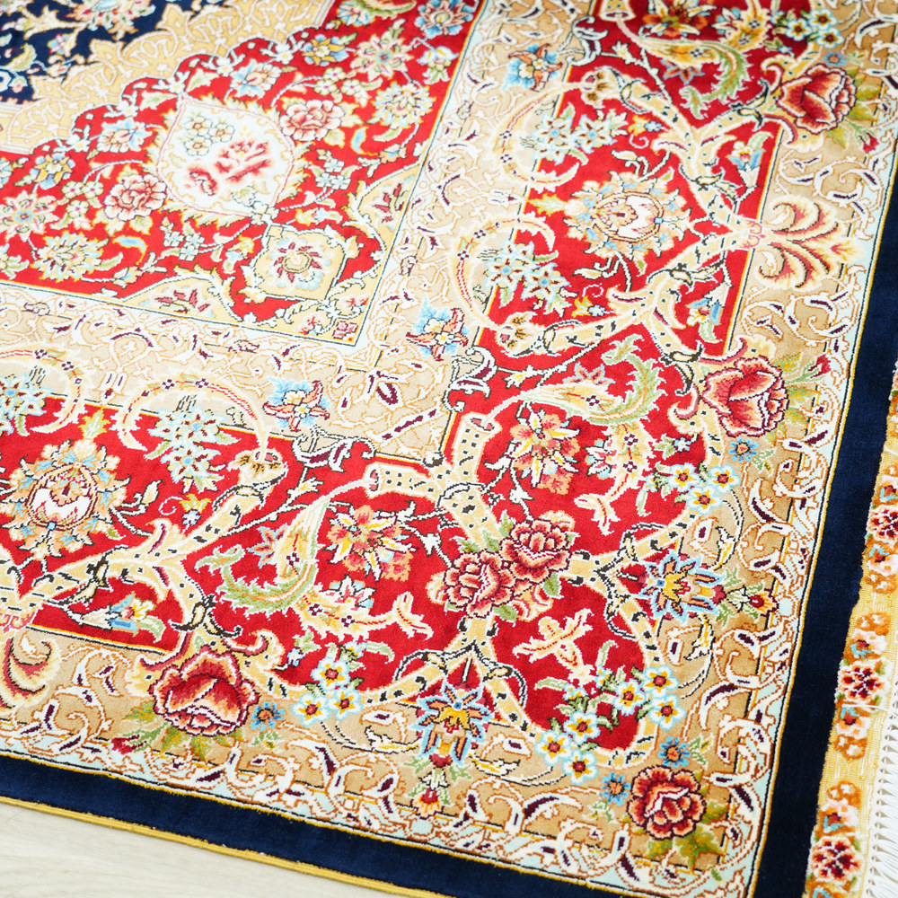 Black and Red Floral Medallion Hand-Knotted Silk Rug 6.56x9.84ft - Image 8