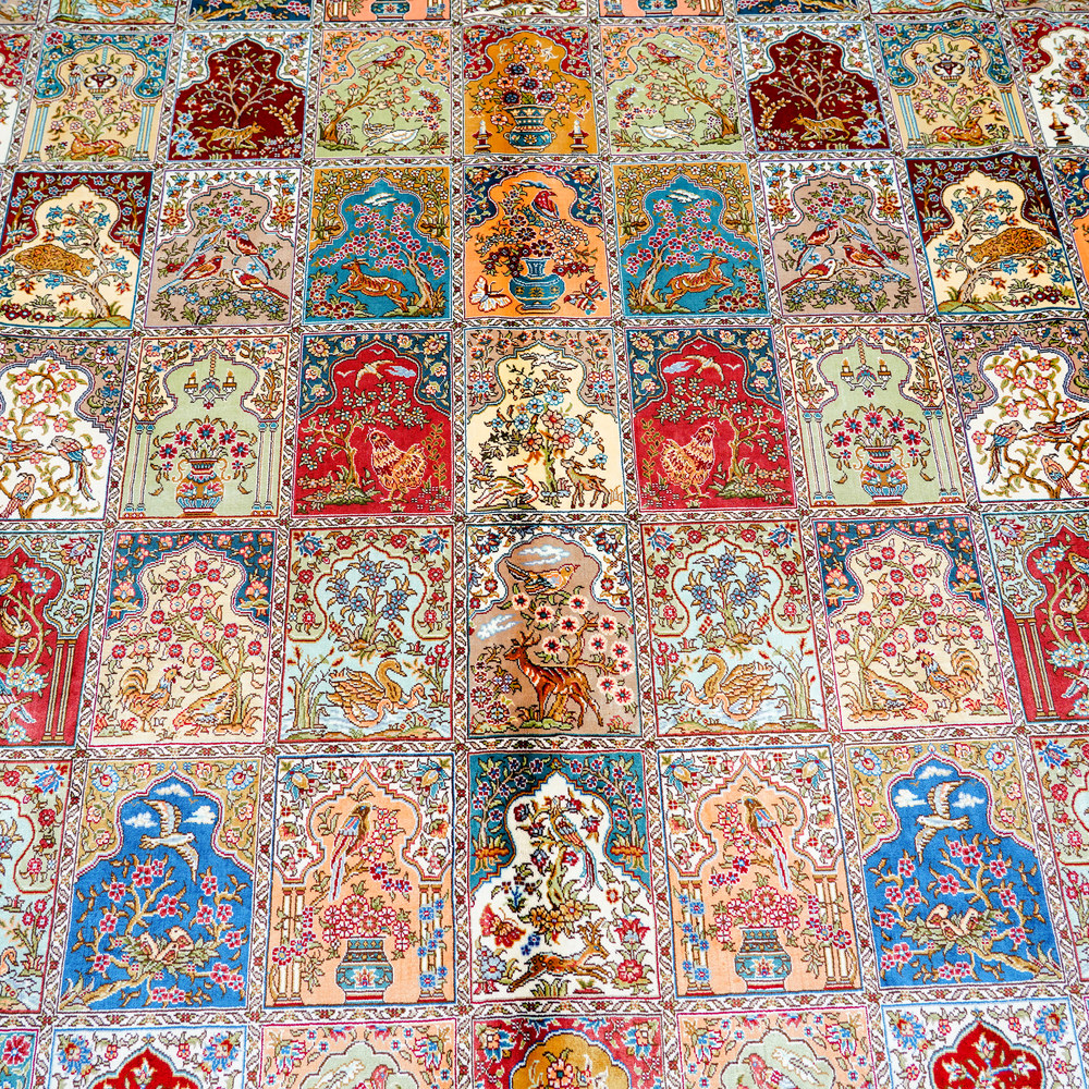 Multicolor Floral Panel Hand-Knotted Silk Rug 8x10ft - Image 4