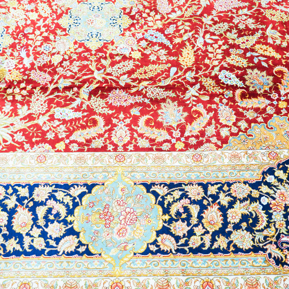 Red and Ivory Floral Medallion Hand-Knotted Silk Rug 8.2x11.48ft - Image 8
