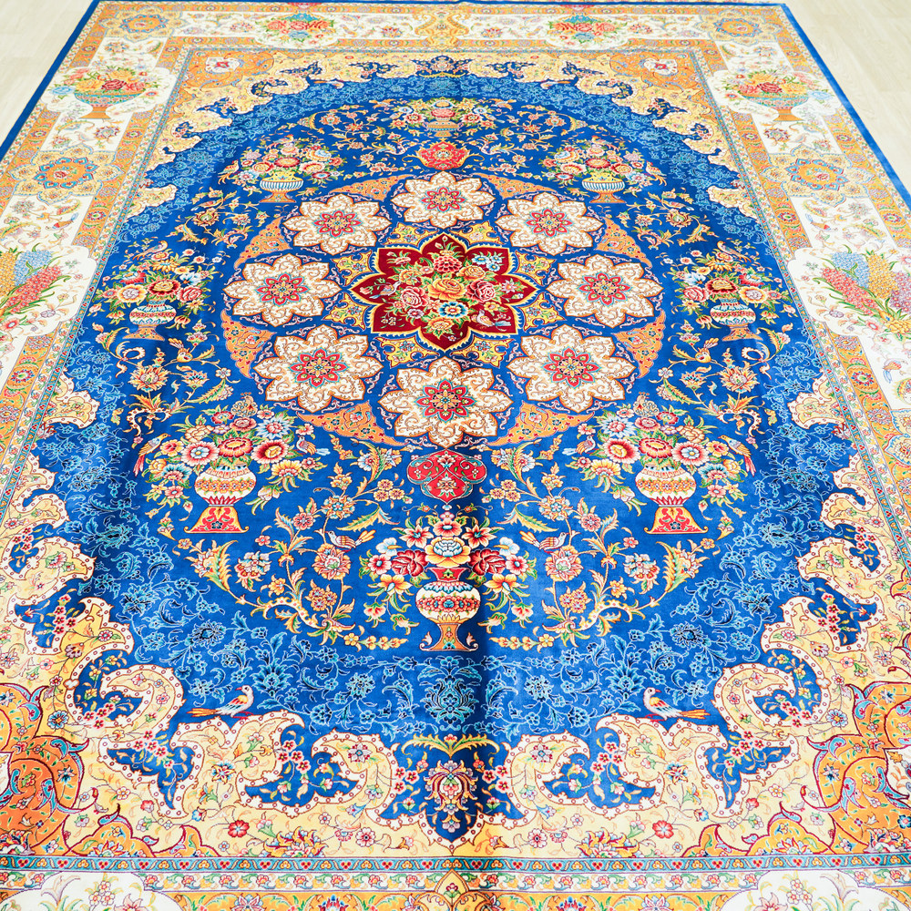 Blue and Orange Floral Medallion Hand-Knotted Silk Rug 8.2x11.48ft - Image 4