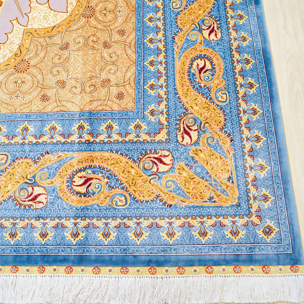 Blue and Gold Geometric Medallion Hand-Knotted Silk Rug 8.2x11.48ft - Image 7