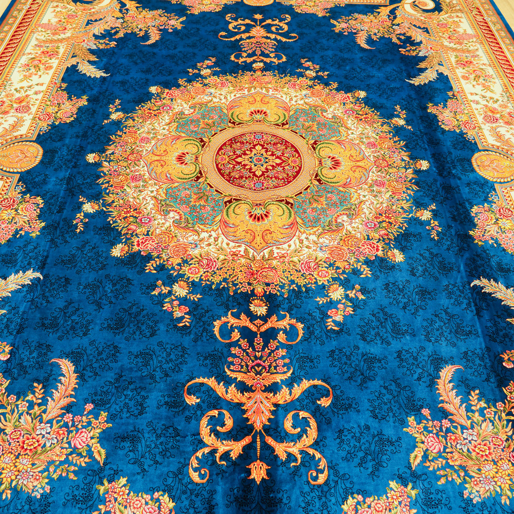 Blue and Gold Floral Medallion Hand-Knotted Silk Rug 9x12ft - Image 4