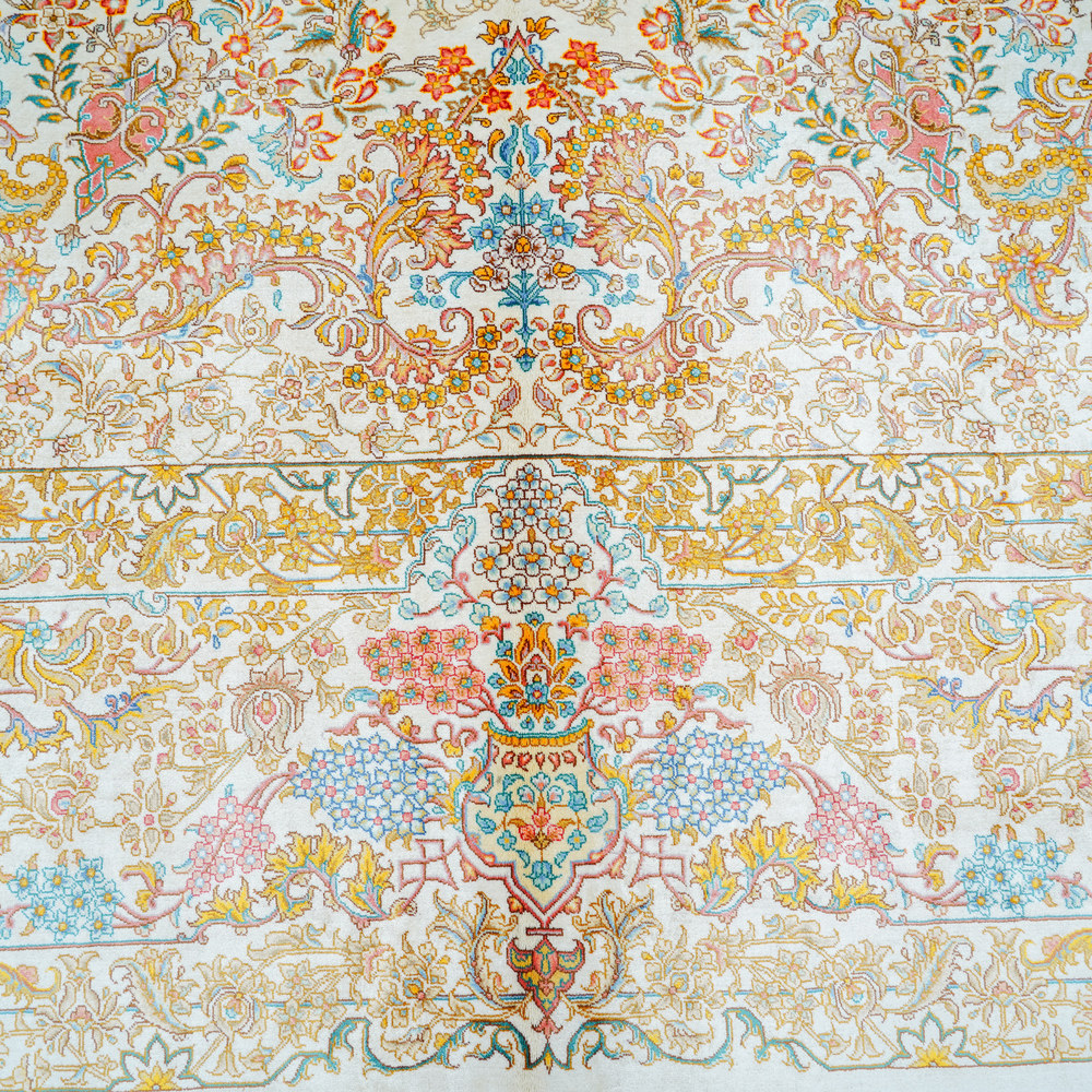 Ivory and Gold Floral Medallion Hand-Knotted Silk Rug 10x14ft - Image 5