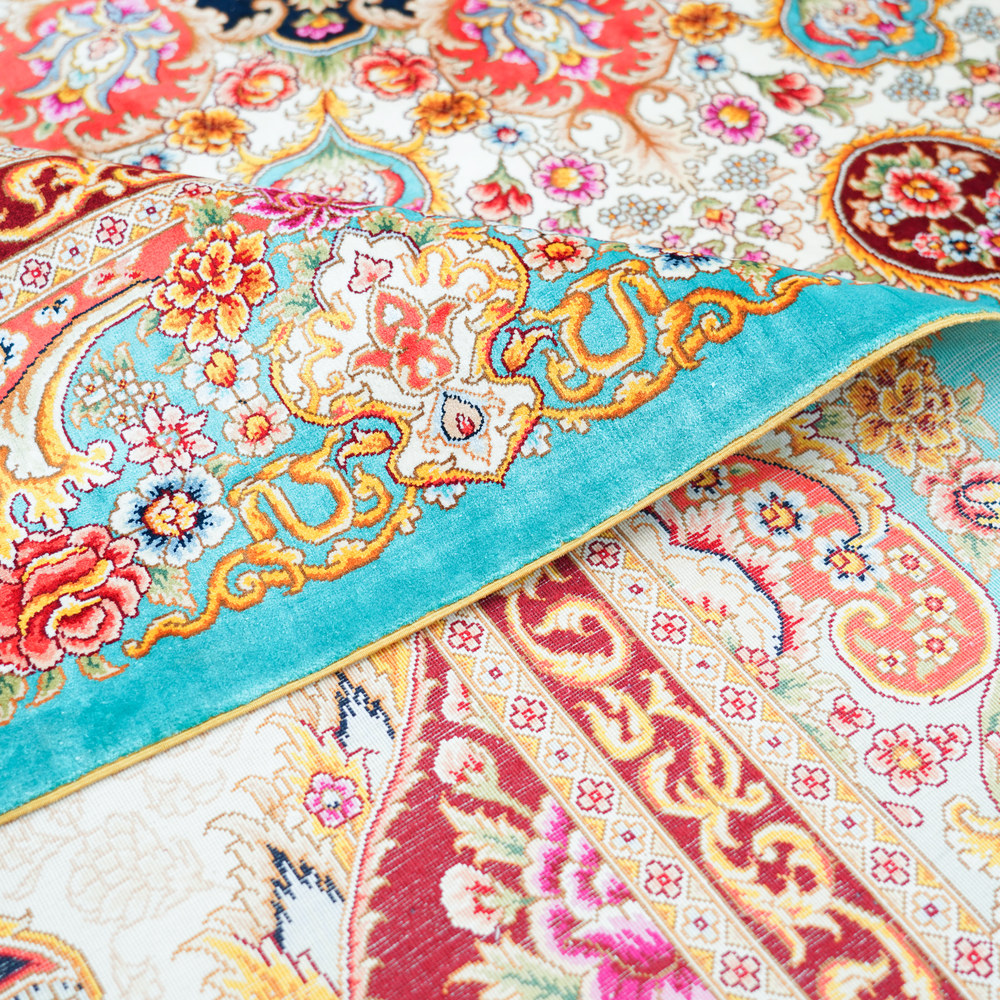 Turquoise and Red Floral Medallion Hand-Knotted Silk Rug 10x14ft - Image 8