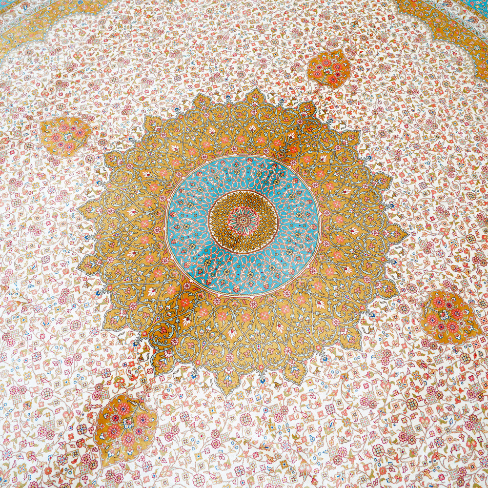 Turquoise and Gold Round Medallion Hand-Knotted Silk Rug 10x10ft - Image 5