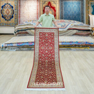 Deep Red Allover Floral Hand-Knotted Silk Runner Rug 2.25 × 6.56 ft