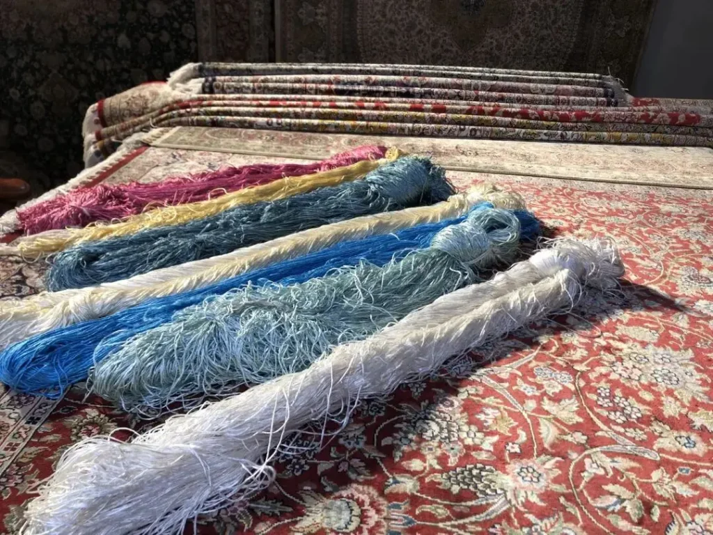 Dyed silk yarn prepared for weaving handmade rugs