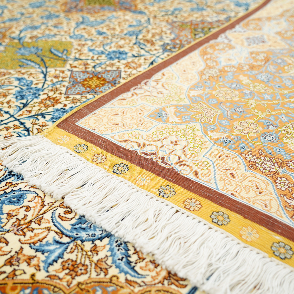 Gold and Blue Floral Medallion Hand-Knotted Silk Rug 6.56x9.84ft - Image 9