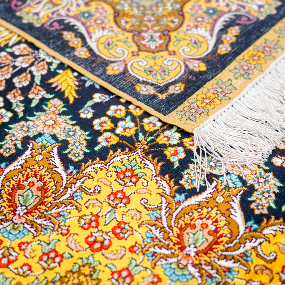Navy and Gold Floral Medallion Hand-Knotted Silk Rug 8x10ft - Image 9