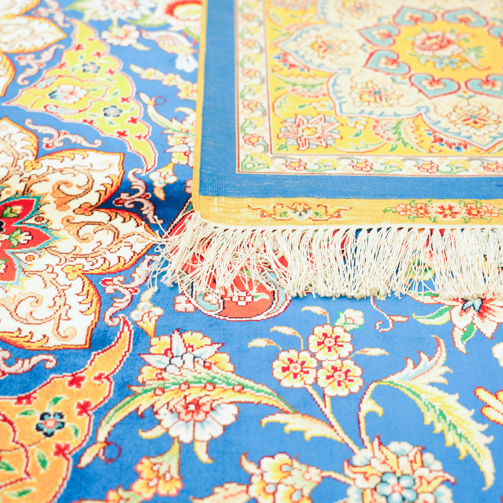 Blue and Orange Floral Medallion Hand-Knotted Silk Rug 8.2x11.48ft - Image 9