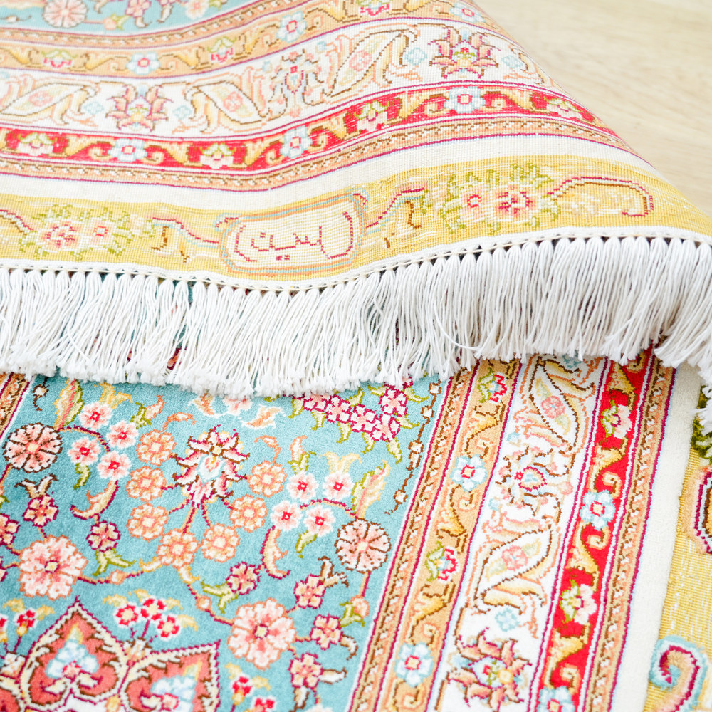 Ivory and Pink Floral Medallion Hand-Knotted Silk Rug 9x12ft - Image 9