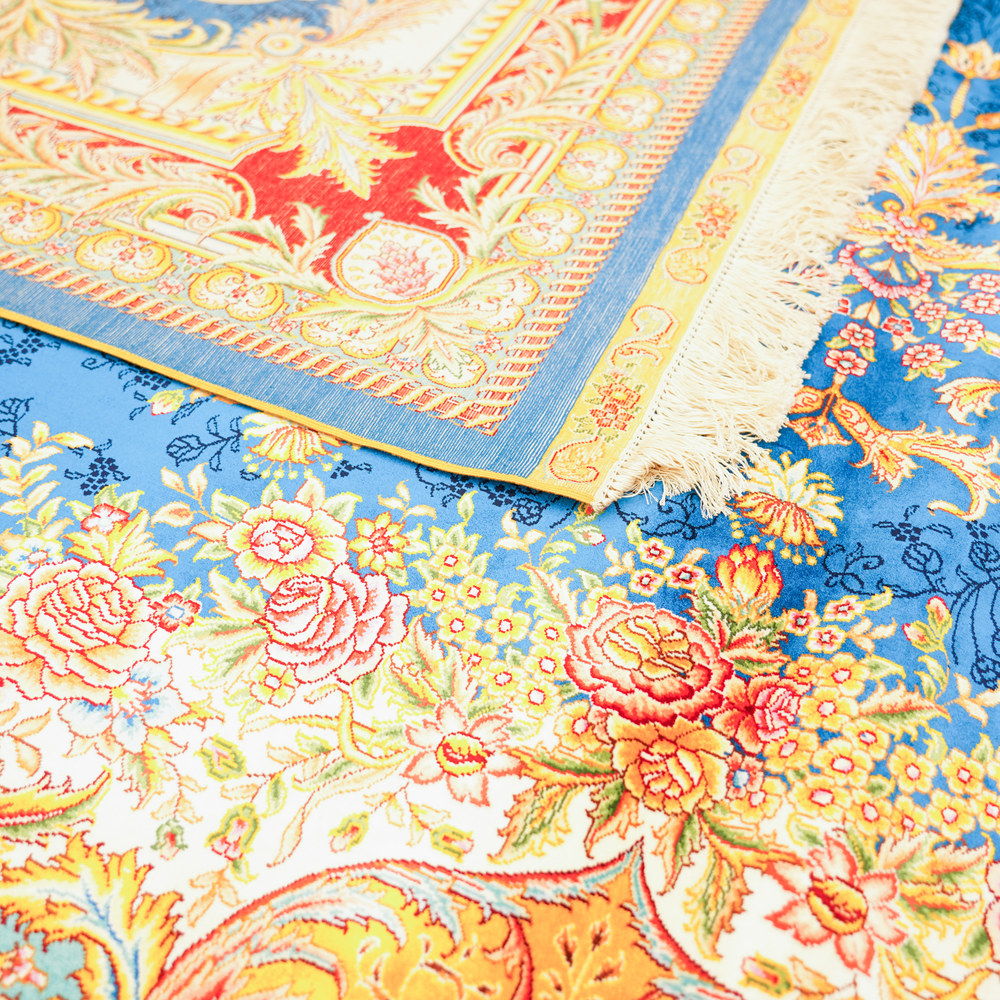 Blue and Gold Floral Medallion Hand-Knotted Silk Rug 9x12ft - Image 9