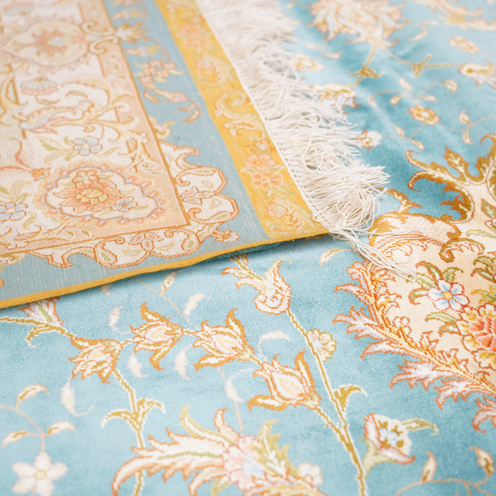 Turquoise and Orange Floral Medallion Hand-Knotted Silk Rug 10x14ft - Image 9