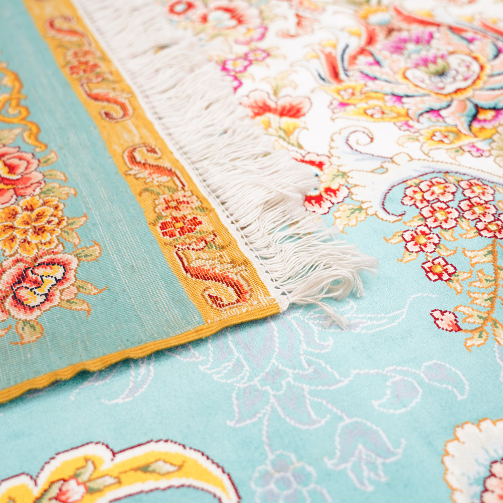 Turquoise and Red Floral Medallion Hand-Knotted Silk Rug 10x14ft - Image 9