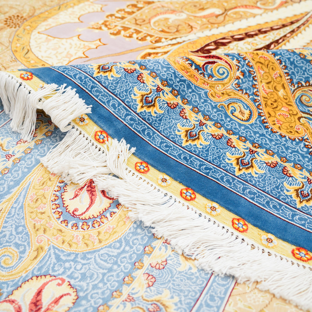Blue and Gold Geometric Medallion Hand-Knotted Silk Rug 8.2x11.48ft - Image 9