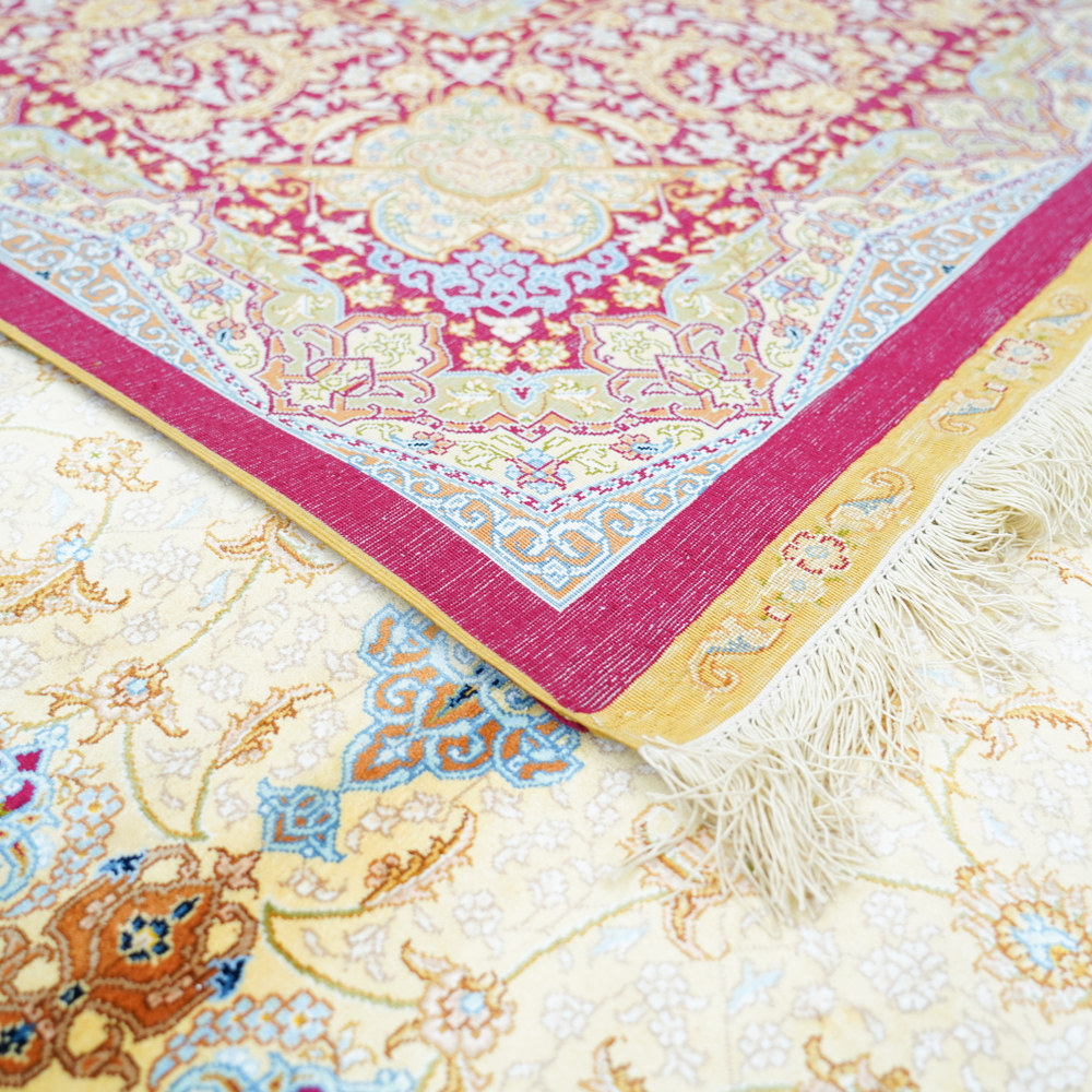 Red and Blue and Multicolor Floral Hand-Knotted Silk Rug 9x12ft - Image 9