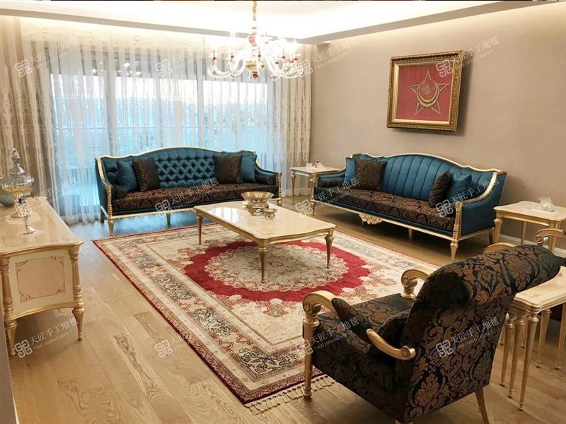 An area rug centered inside a large living room seating group with visible wood flooring