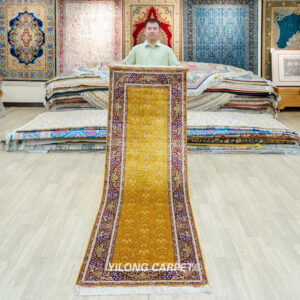 Golden Yellow Floral Hand-Knotted Silk Runner Rug 2.5 × 8 ft