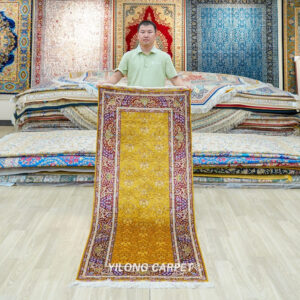 Golden Yellow Floral Hand-Knotted Silk Runner Rug 2.5×6ft