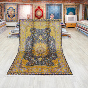 Navy and Gold Ornate Medallion Hand-Knotted Silk Rug 6x9ft