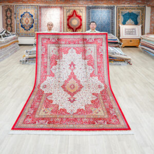 Red and Ivory Geometric Medallion Hand-Knotted Silk Rug 6x9ft