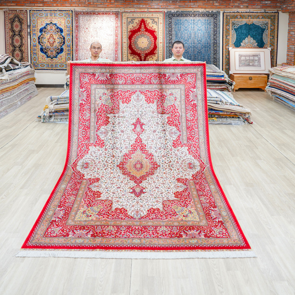 Red and Ivory Geometric Medallion Hand-Knotted Silk Rug 6x9ft
