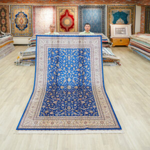 Royal Blue and Gold Floral Medallion Hand-Knotted Silk Rug 6x9ft